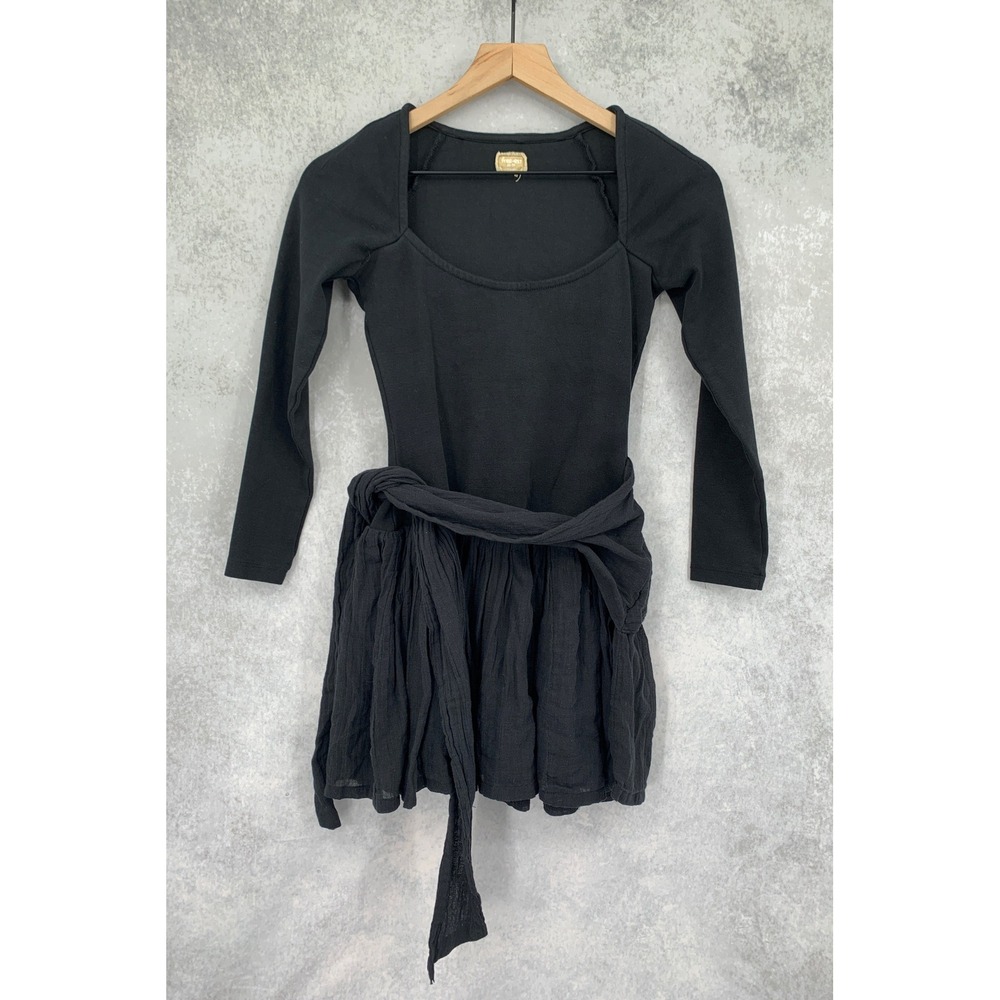 Free People Dress Womens XS Black Free-Est Long Sleeve Ruffle Tie Mini Preppy